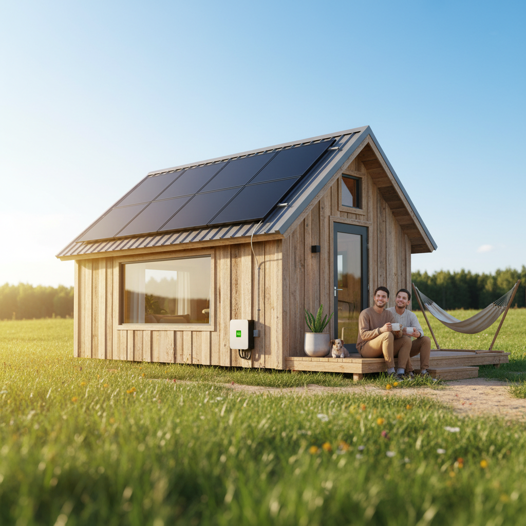 Panneaux solaires installés sur toit de tiny house