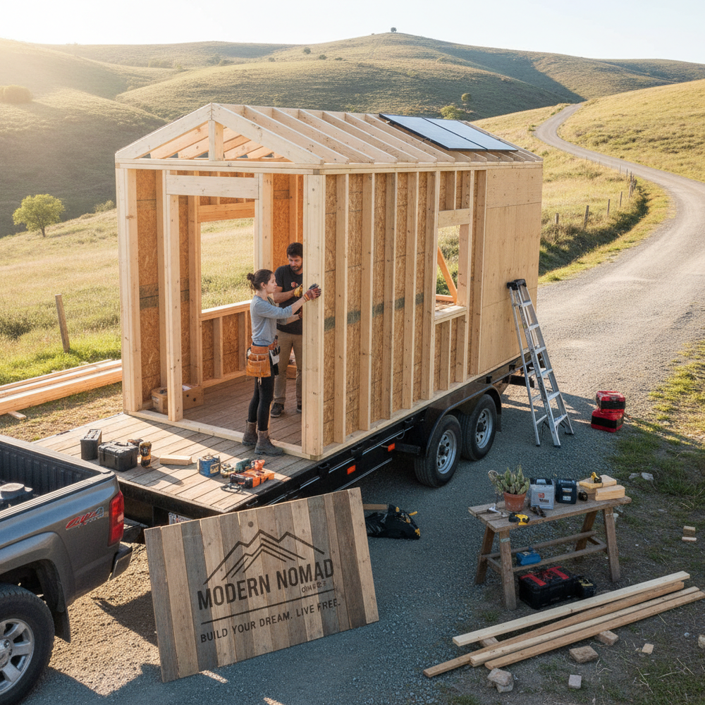 Remorque avec tiny house en construction