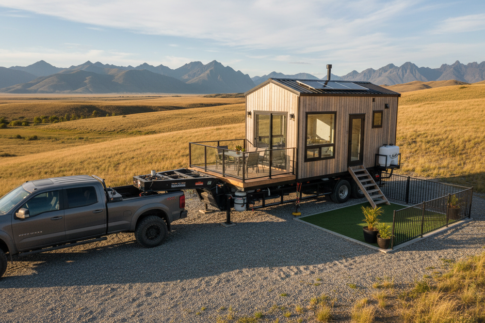 Remorque plate avec tiny house montée