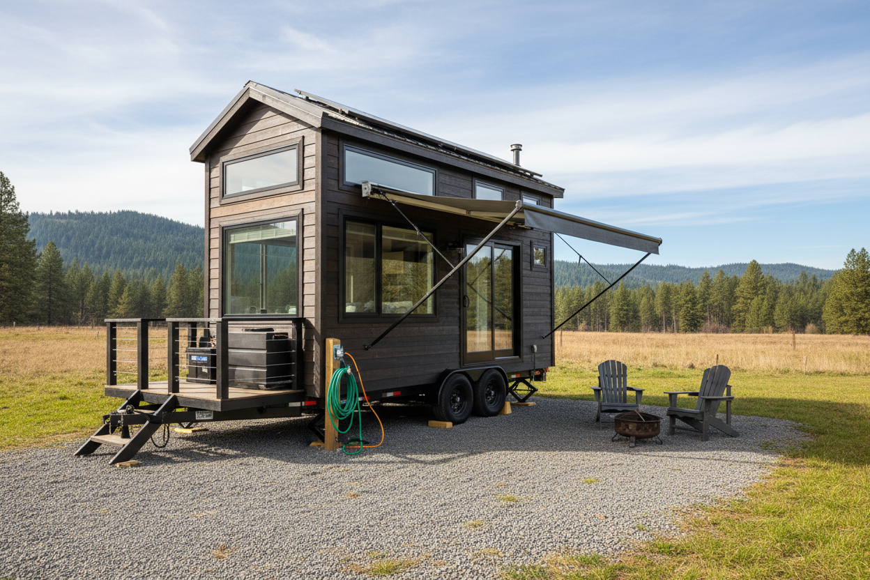 Remorque plate avec tiny house montée